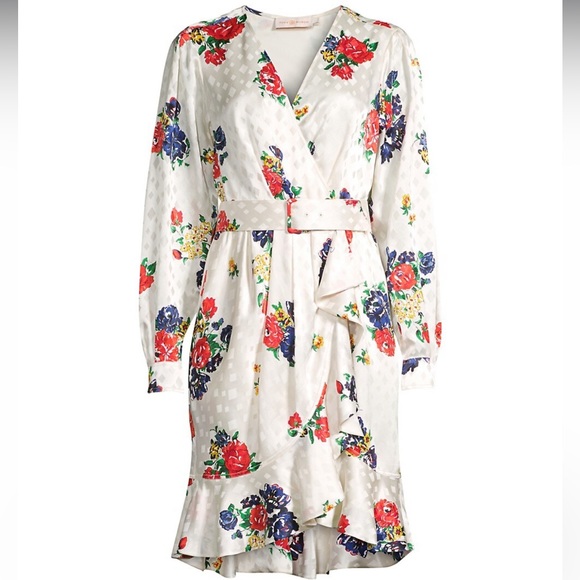Tory Burch Cream Floral Printed Silk Wrap Dress Size 8 - Picture 1 of 11